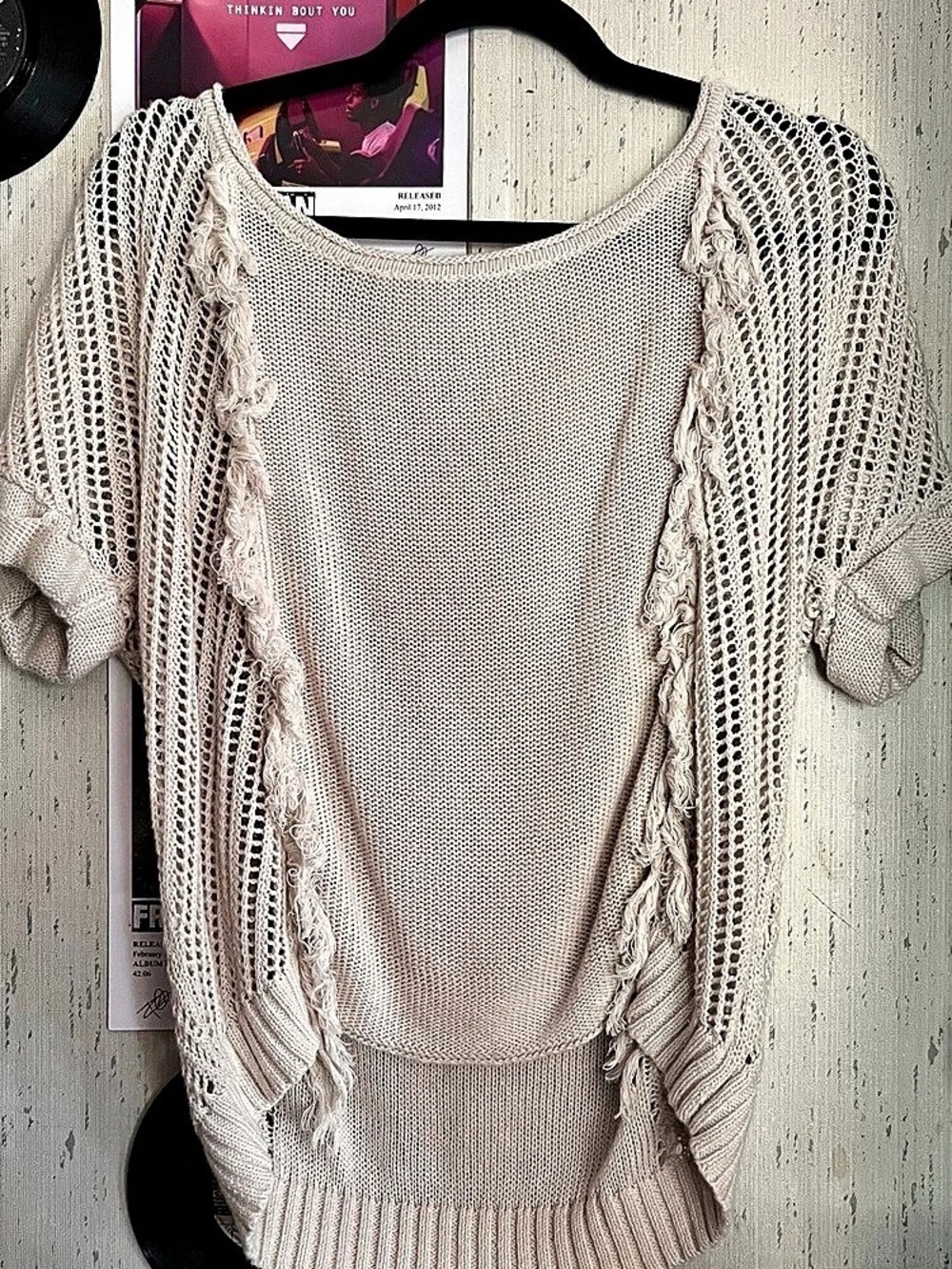 Open-Knit Short Sleeve Sweater in Cream